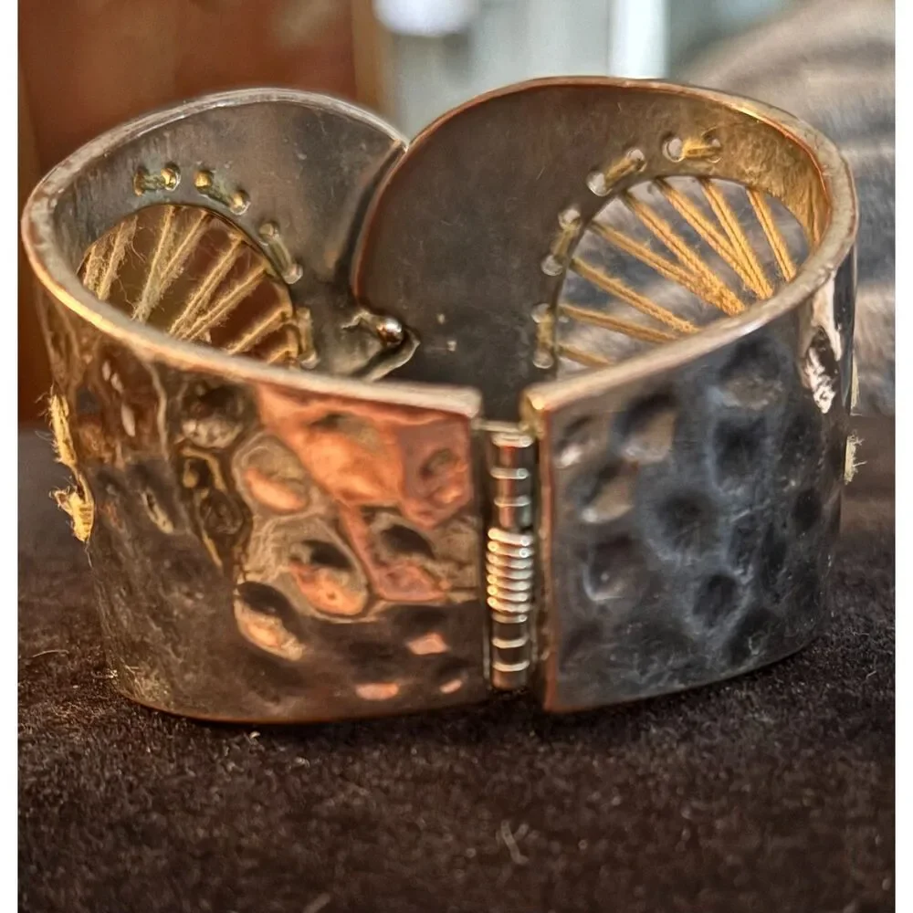 Artisan Hammered Boho Wide Cuff Silver Tone Rhinestone & Thread Bracelet